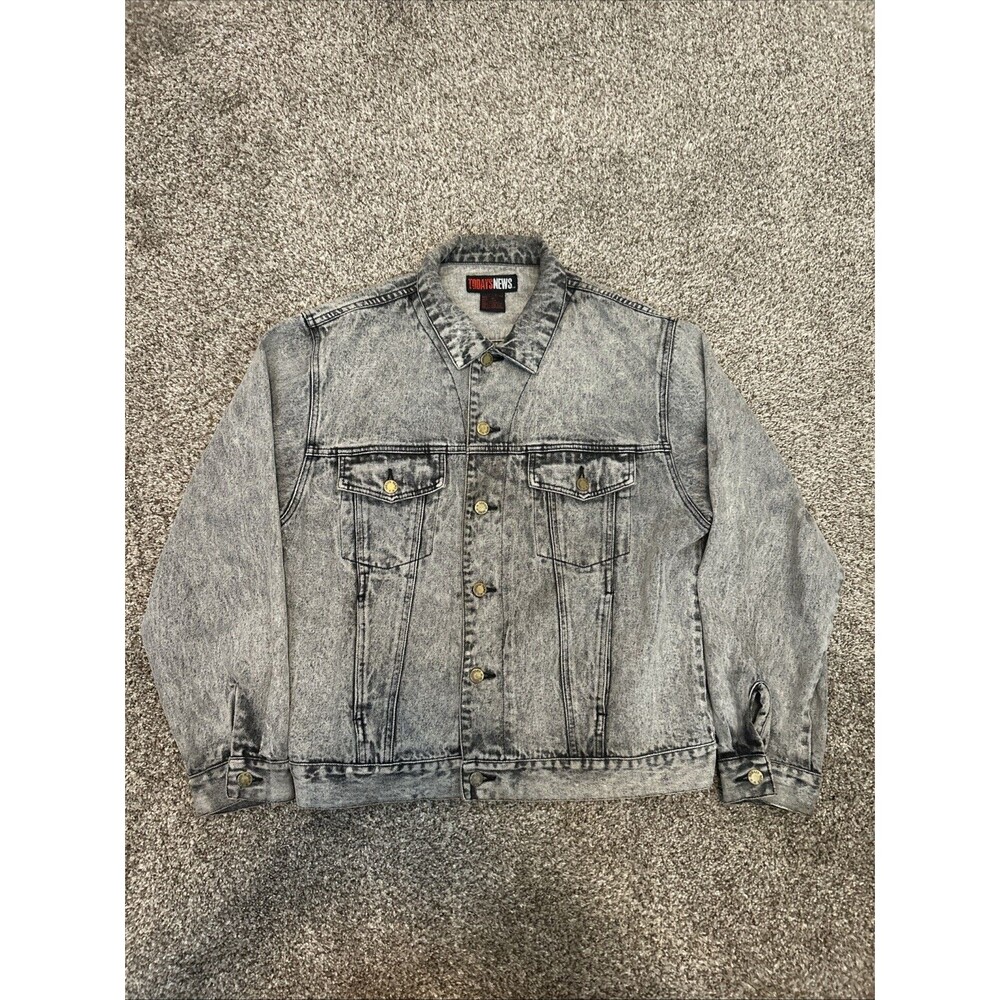 Vintage Todays News Jacket Mens M Black Acid Wash Denim Art Bones 80s 90s